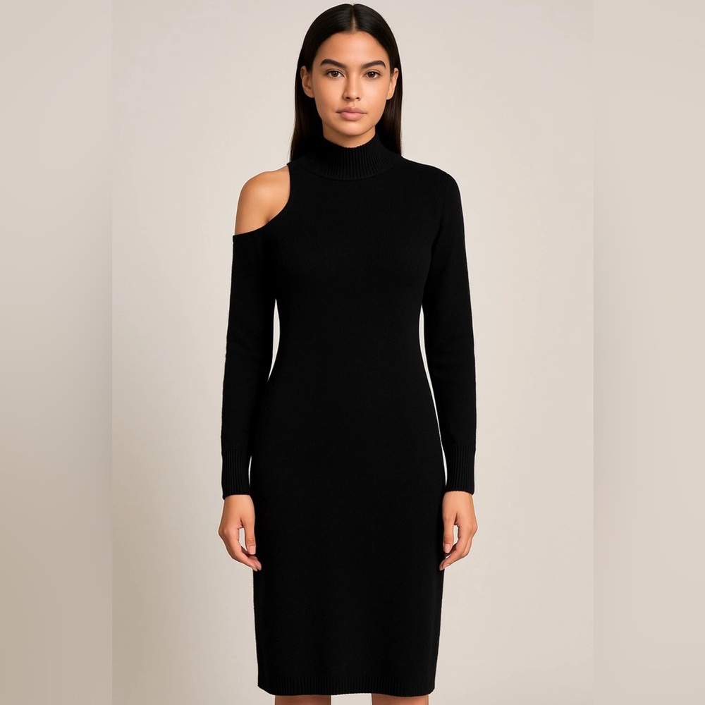 213. Shoe Dazzle/Just Fab Black Long Sleeve 1 Cold Shoulder Sweater Midi Dress
